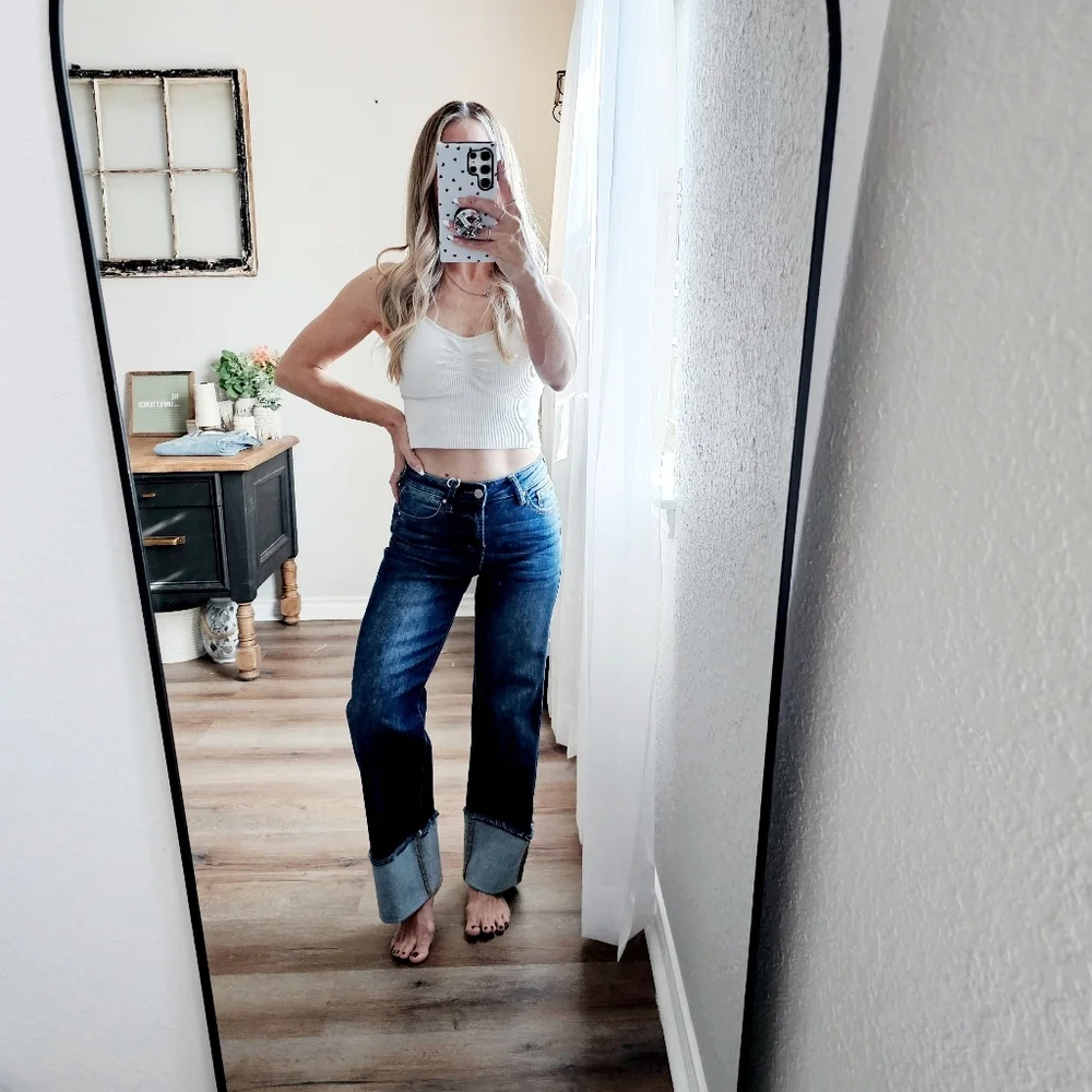 Risen Mid Rise Dark Wash Slim Wide Leg Wide Cuff Denim Jeans Stretch Various NEW - Picture 4 of 11